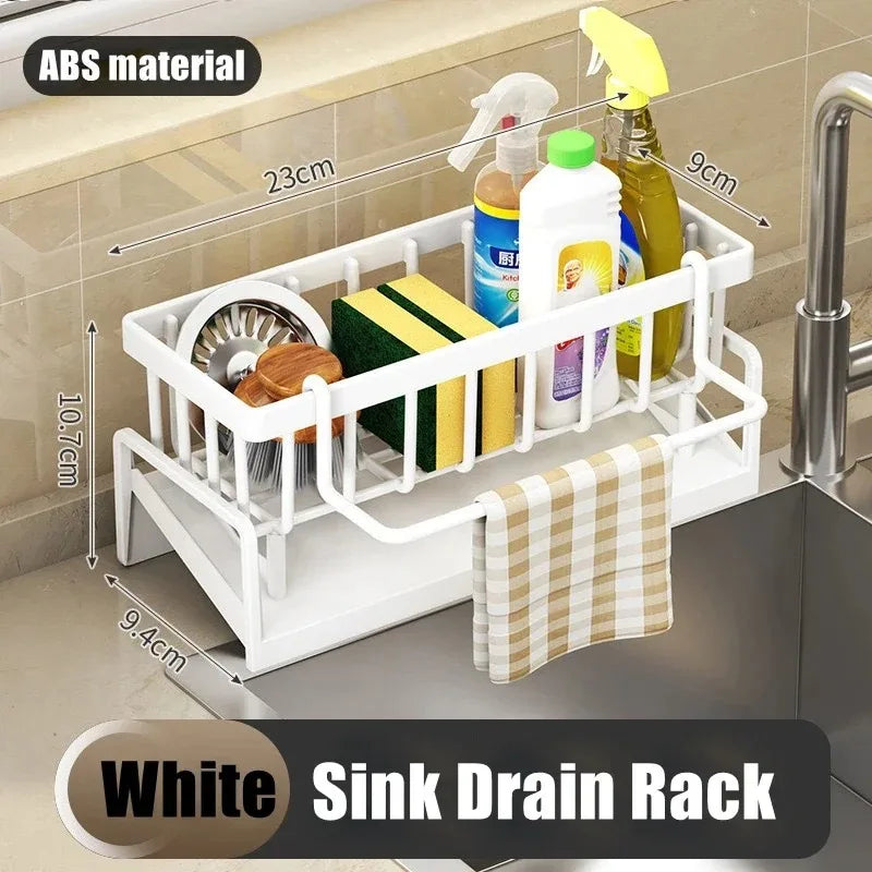 1PC Multifunctional Plastic Kitchen Shelf Rag Storage Drainage Shelf,No-Punch Adhesive Spice Rack,Sink Tap Drain Rack with Hooks Peaceful Pleasures Health and Wellness White-A