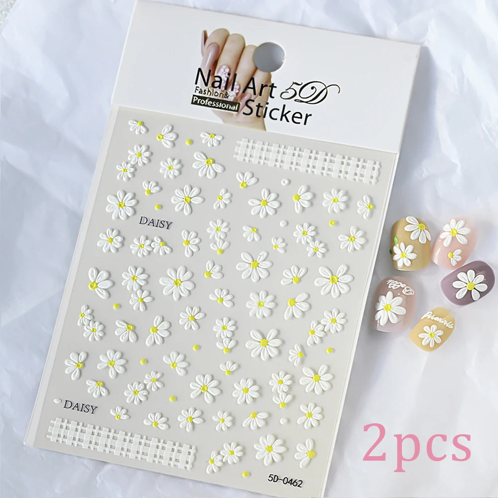 5D Embossed Daisy Nail Art Stickers – Spring Floral Decals 2pc
