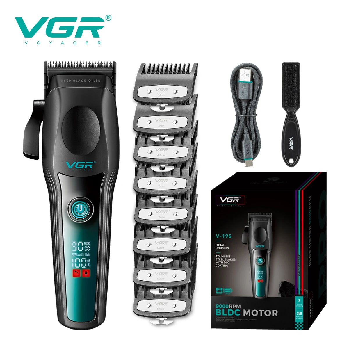 VGR New High end Hair Clipper Metal Body Titanium Alloy Sharp Blade Hair Trimmer LCD Intelligent Digital Shaving Machine V-195 Peaceful Pleasures Health and Wellness USB 1
