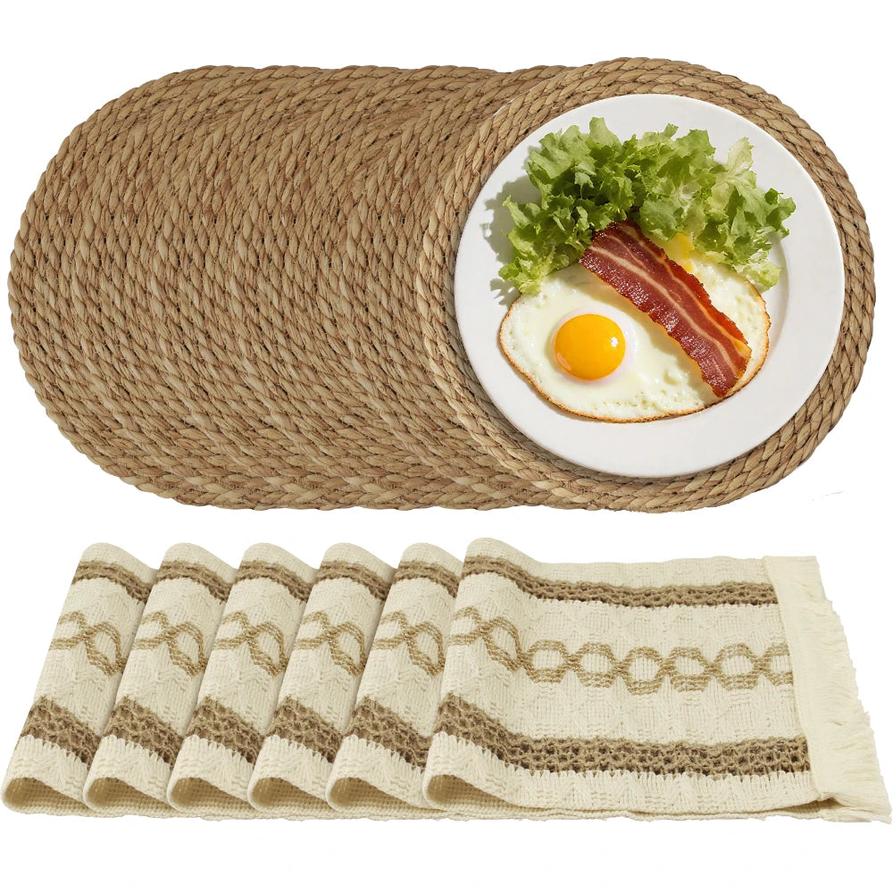 Boho Dining Table Mats Set of 6 Woven Placemats for Family Dinner Kitchen Table Decor Natural Round Eco-Friendly Placemats Peaceful Pleasures Health and Wellness D Set of 6