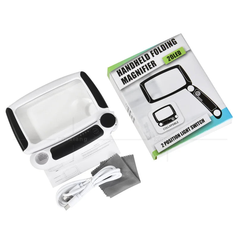 Handheld Rechargeable Magnifier Folding Magnifying Glass with Three Levels of Brightness and 20 Led Lights, 5X and 20X Loupe Peaceful Pleasures Health and Wellness