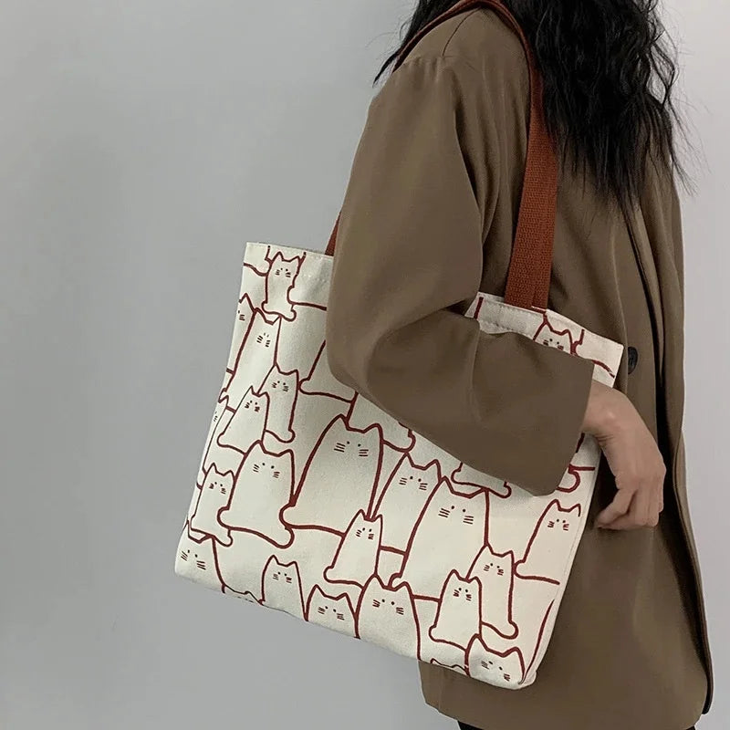 Cute Cartoon Cat Canvas Tote Bag Women Fashion Shoulder Casual