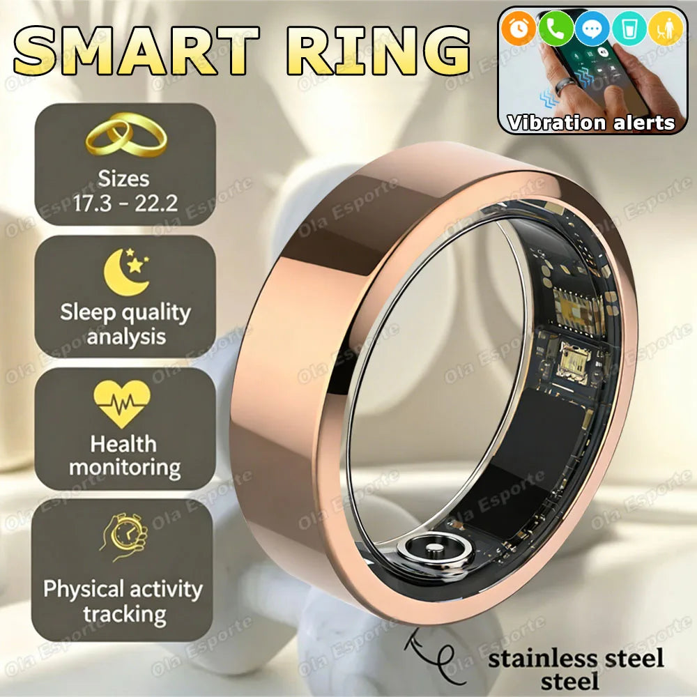 New Vibration Reminder Smart Ring Heart Rate Blood Oxygen&Pressure Health Monitoring IP68 Waterproof Multi-Sport Mode Smartring Peaceful Pleasures Health and Wellness Gold 7