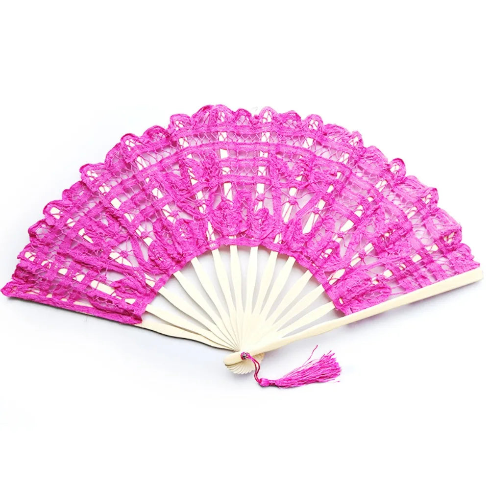 Bamboo Lace Folding Hand Fan with Tassel – Vintage Style