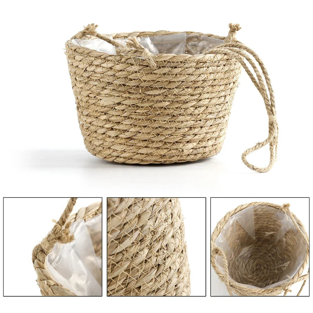 Handwoven Rattan Hanging Basket Planter for Orchids & Flowers