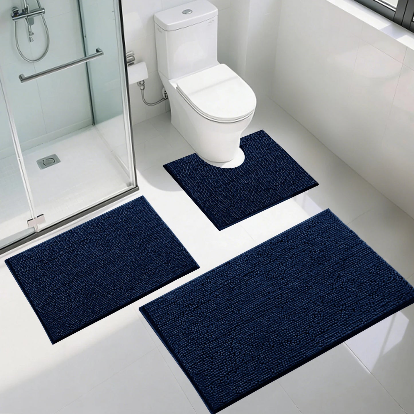 Non Slip Chenille Bath Mat Soft & Anti Mould Bath Mats Water Absorbent Quick Drying Bathroom Carpet U-Shaped Toilet Mat Peaceful Pleasures Health and Wellness Navy 3PCS
