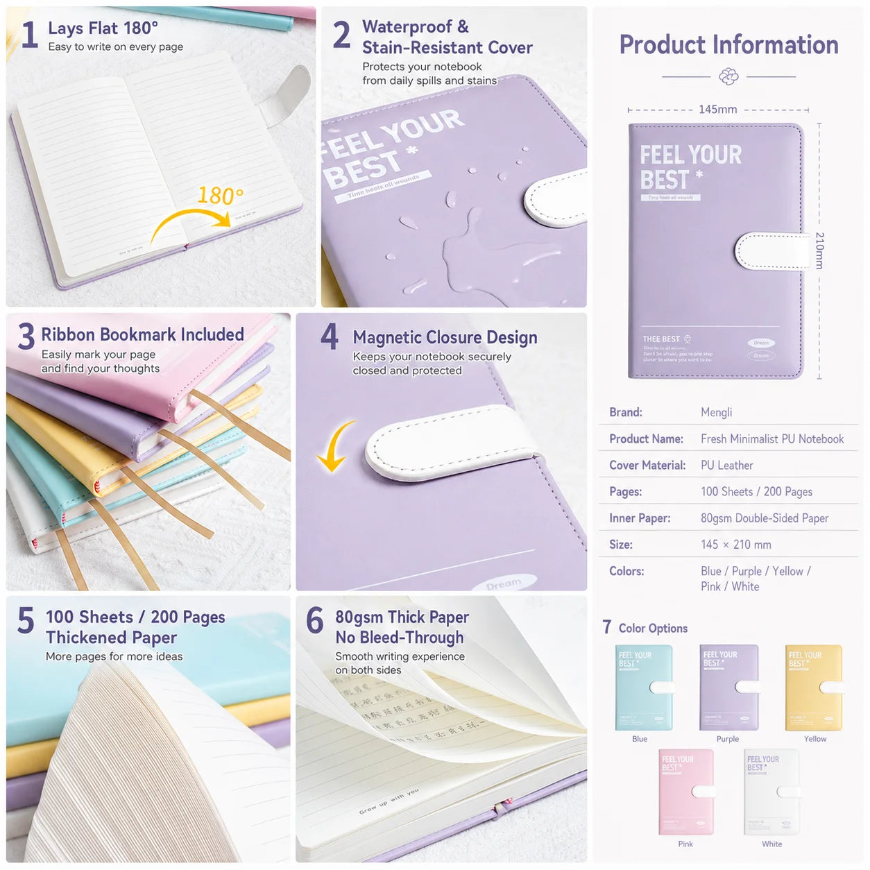 A5 PU Leather Notebook Magnetic Buckle Waterproof Cover 200 Pages