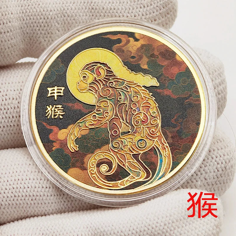 1PCS Colorful Twelve Zodiac Commemorative Medals Golden Coins Pig Dog Chicken Monkey Sheep Snake Horse Dragon Tiger Rabbit Gifts Peaceful Pleasures Health and Wellness monkey