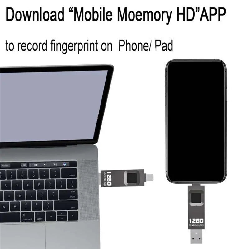 Delighted- Fingerprint Encrypted U Disk Mobile Phone Computer Dual-Use High-Speed Transmission Flash Memory 128G for IPhone/IPad Peaceful Pleasures Health and Wellness