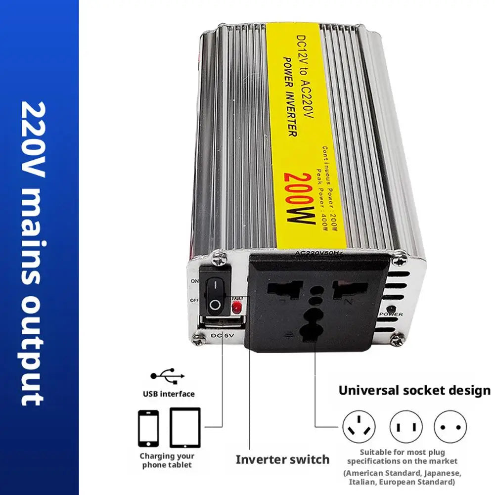 200W Car Power Inverter 12V to 220V AC with USB Port
