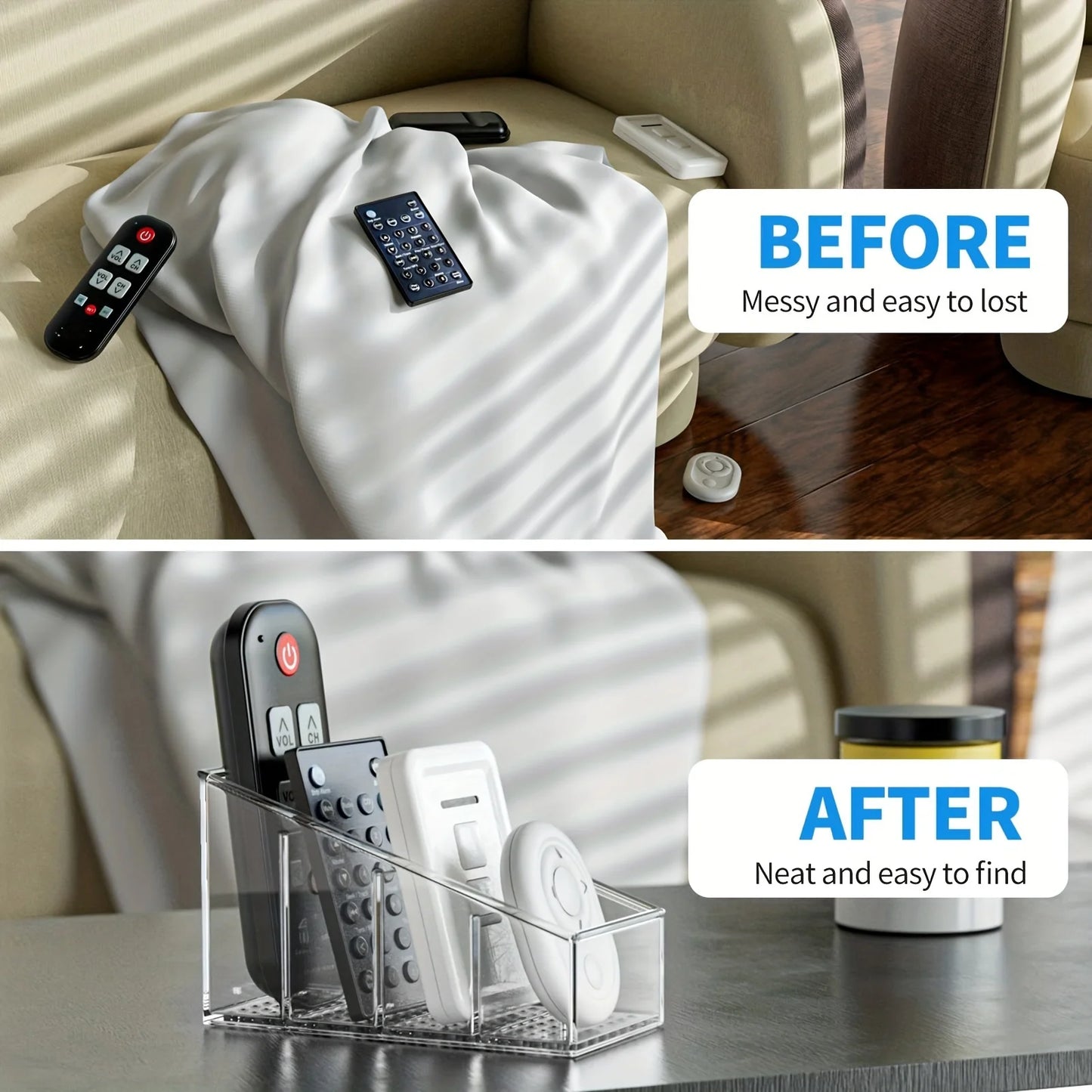 Clear Plastic Remote Control Holder & Desk Organizer 4 Compartments