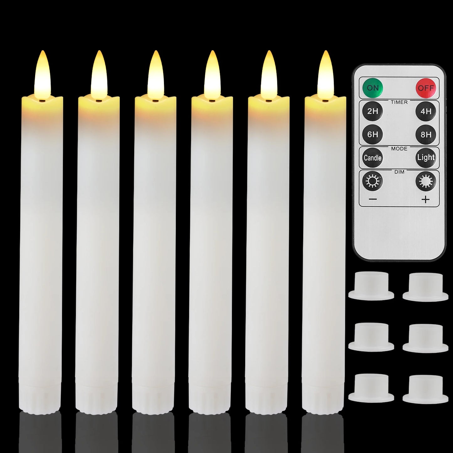 6Pc White/Ivory Flameless Taper Candles with Remote Timer Battery Operated Flickering LED Candle With Base for Indoor Home Decor Peaceful Pleasures Health and Wellness 6pc white 6pc