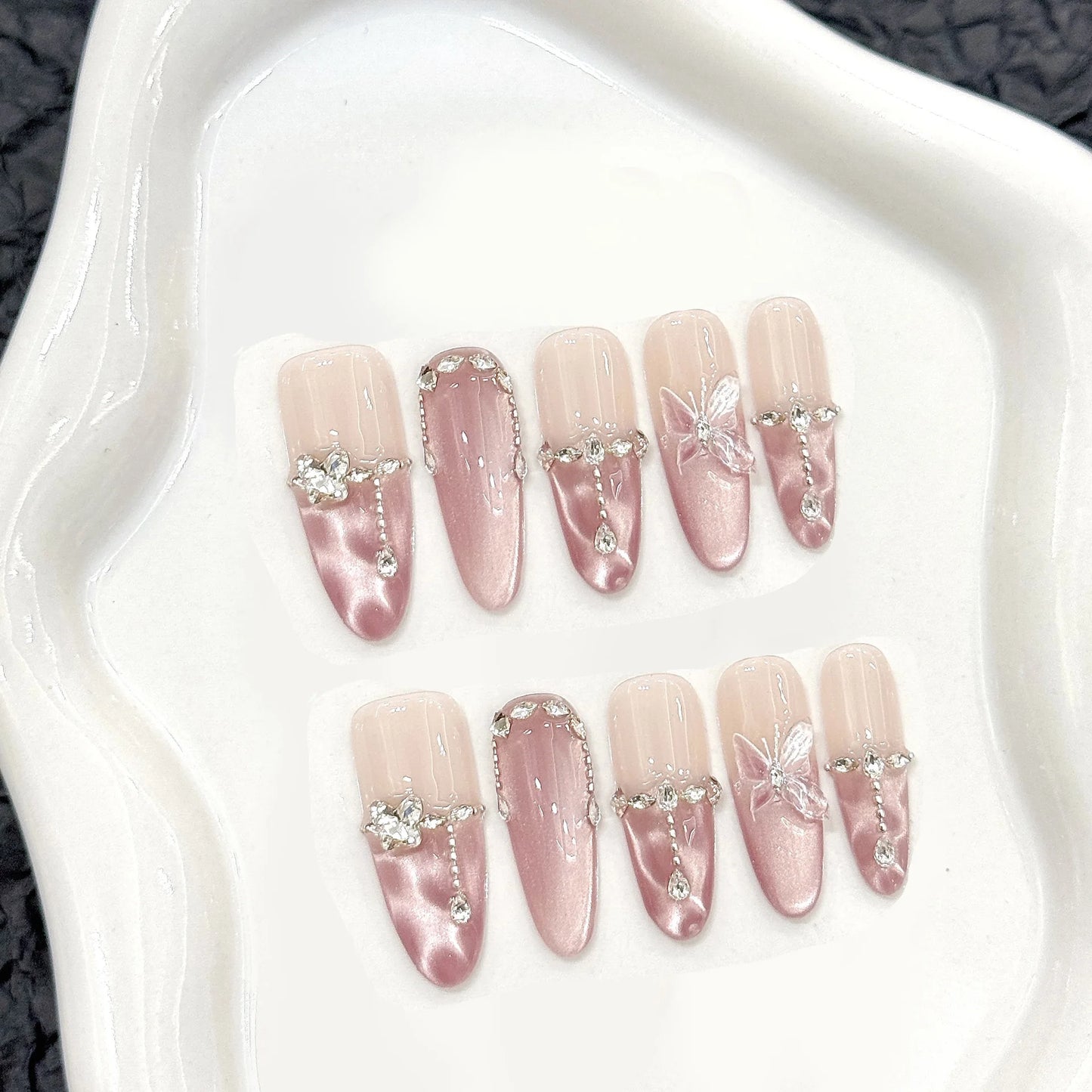 10pcs Handmade Press on Nails Pink Butterfly Design Fake Nails Wearable Reusable Glitter Cat Eye Sweet Korean False Nail Tips Peaceful Pleasures Health and Wellness XS 5