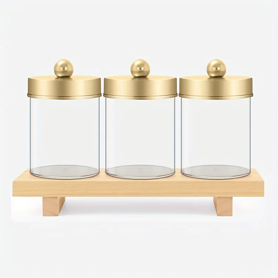 3-Pack Apothecary Jar Canister Set with Lids & Storage Tray – Q-Tip, Cotton Ball & Floss Organizer