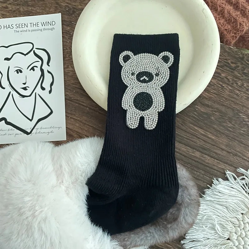 Diamond Cartoon Bear Decorative Socks, Fashionable Diamond Sparkling Women's Socks, Comfortable And Breathable Christmas Socks Peaceful Pleasures Health and Wellness Blue One Size