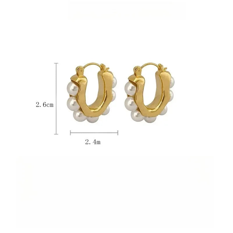 Gold Pearl U-Shaped Hoop Earrings for Women | Wedding Party