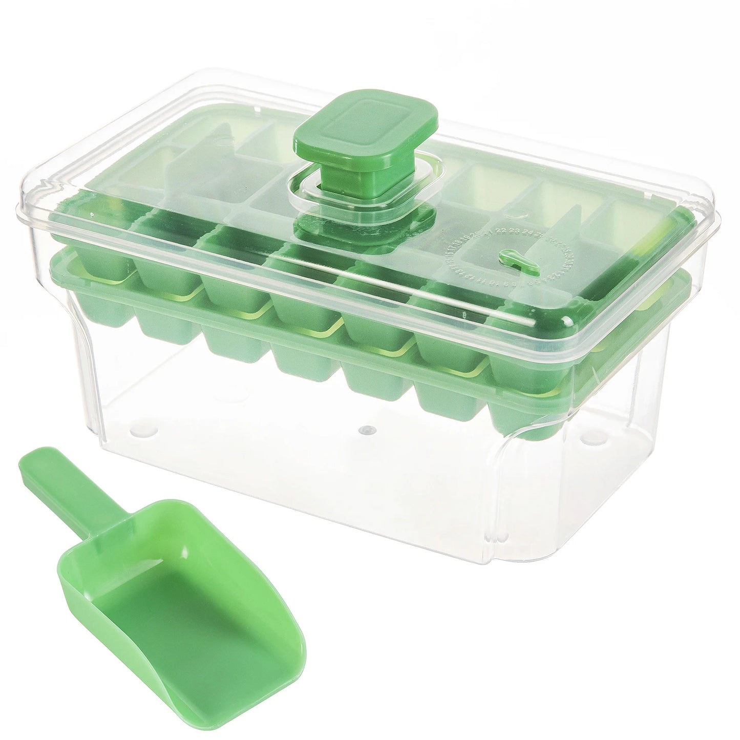 Ice Cube Trays with Lid & Bin – 68 Cubes, Easy Press Release Ice Cube Tray Set Peaceful Pleasures Health and Wellness Green