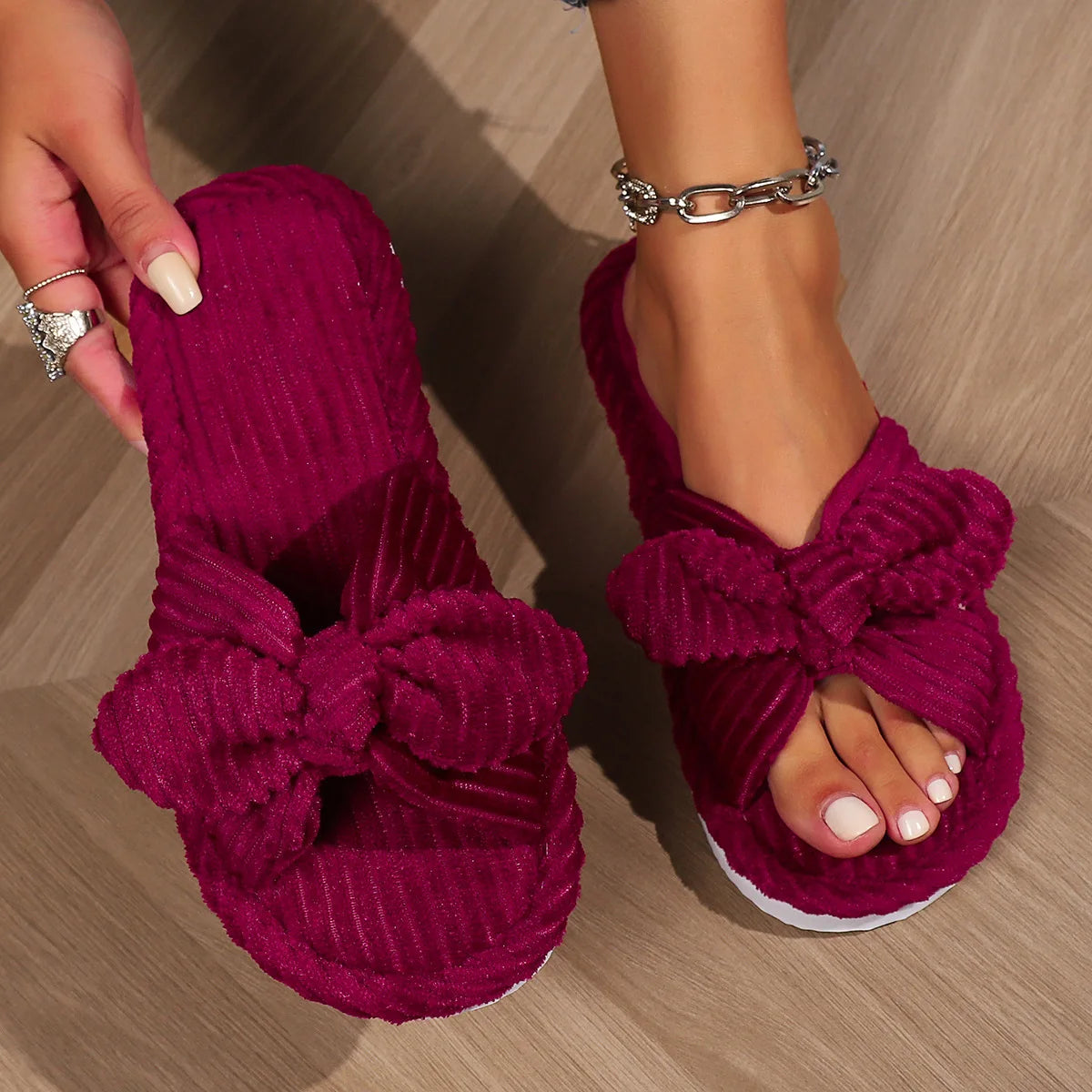Women's Bow Knot Corduroy Indoor Slippers | Warm EVA Anti-Slip
