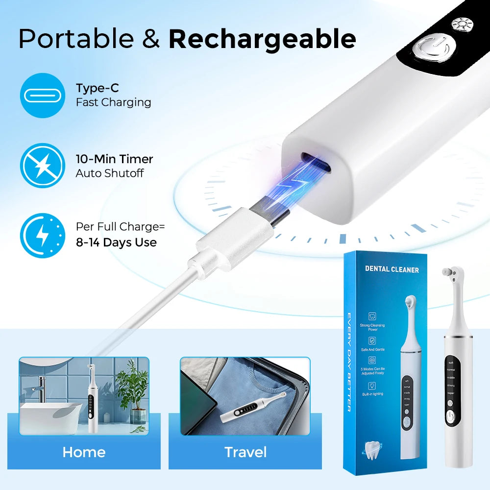 Electric Tooth Polisher with 6 Brush Heads Teeth Whitening Plaque Dental Tartar Remover LED Light Rechargeable Oral Gum Health Peaceful Pleasures Health and Wellness