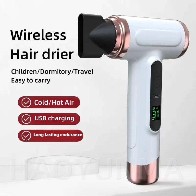 New Wireless Hair Dryer With 30000 Rpm Dry USB Charging For Children/Outdoor/Student Dormitory Blue Light Wireless Hair Dryer Peaceful Pleasures Health and Wellness A-White