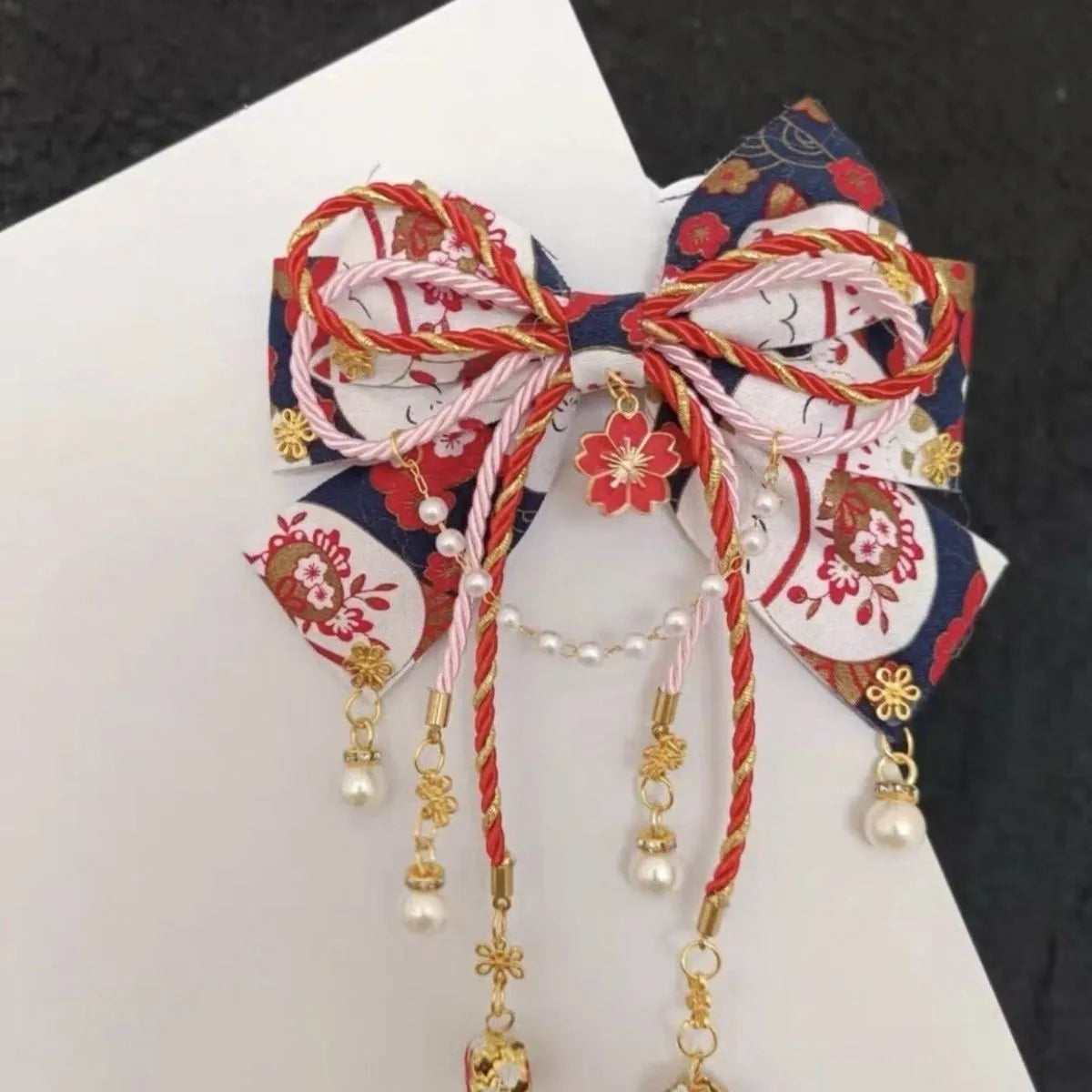Japanese Style Girl with Hot Stamping Cherry Blossom Bow Hair Accessory Lolita Tassel Edge Clip Peaceful Pleasures Health and Wellness navy blue
