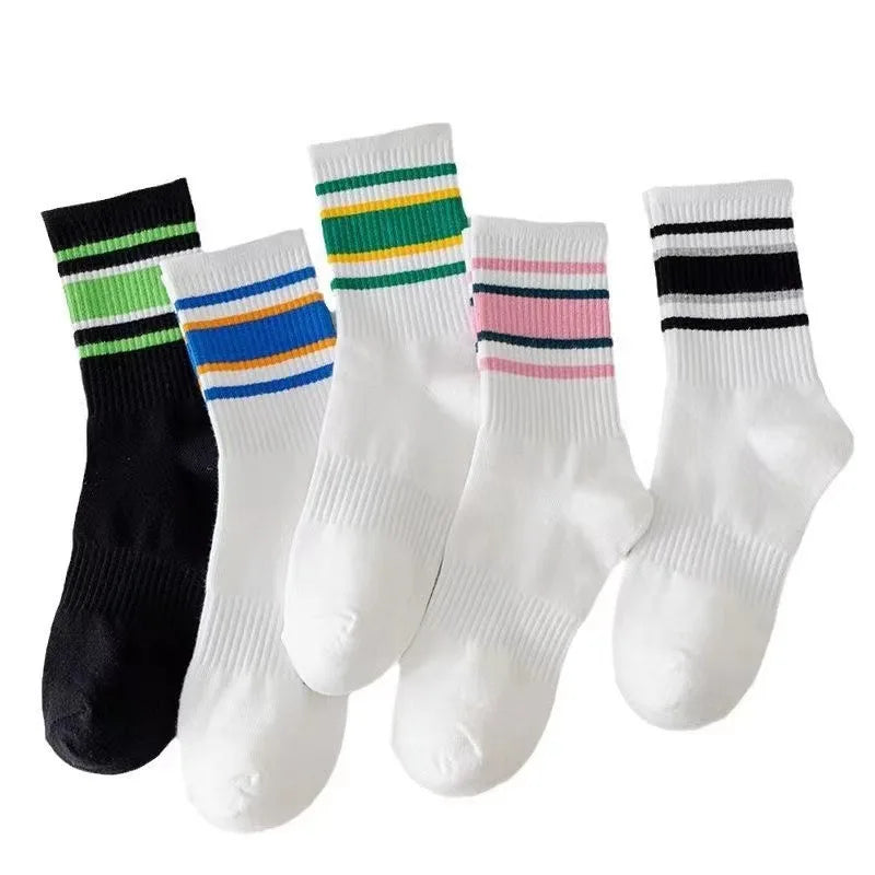 Striped Cotton Crew Socks Korean Streetwear Mid-Calf 10 Pairs
