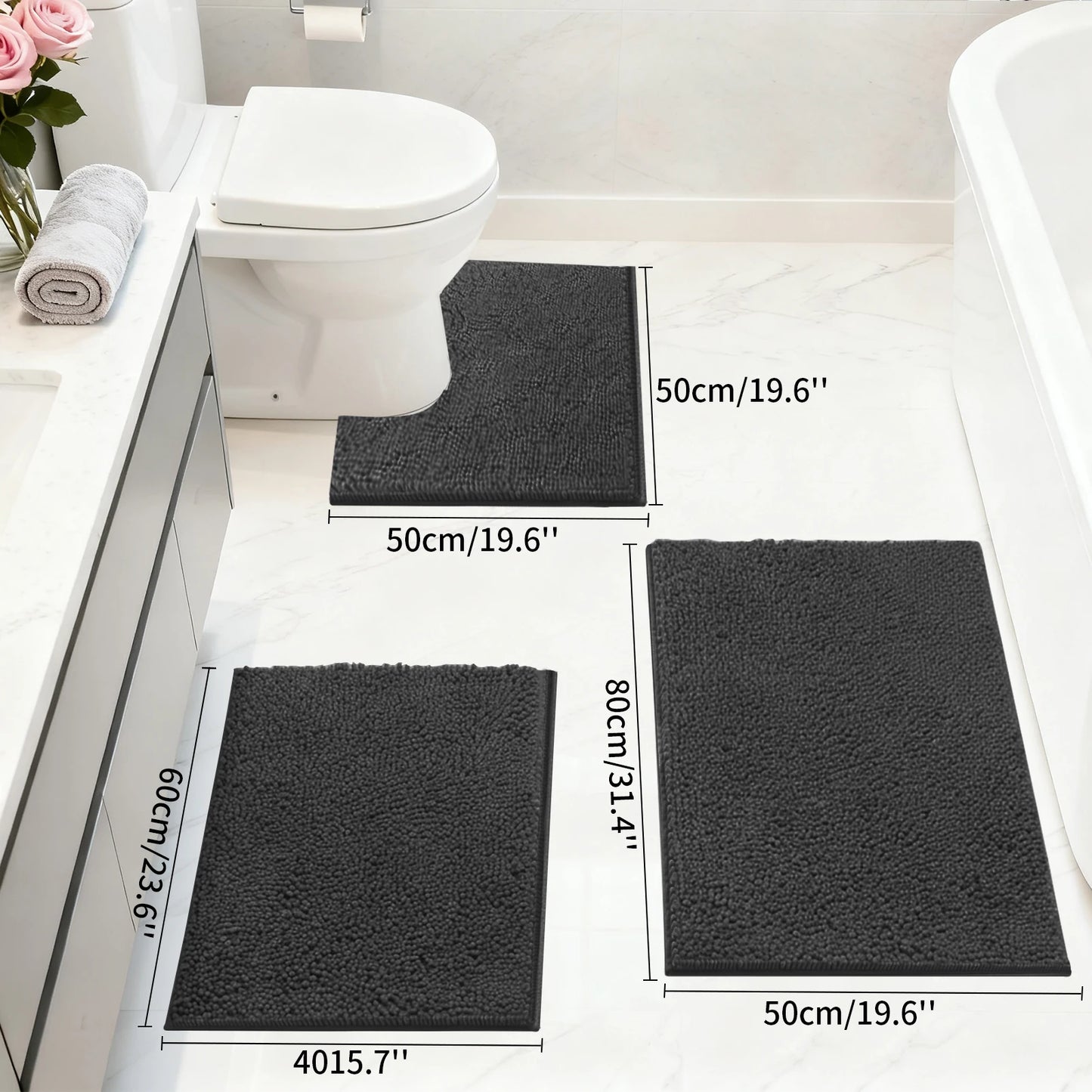 3 PC Set Non Slip Plush Chenille Bath Mat Extra Soft Super Absorbent Fluffy Carpet for Bathroom Machine-Washable Quick Dry Mat Peaceful Pleasures Health and Wellness Black 3PCS SET