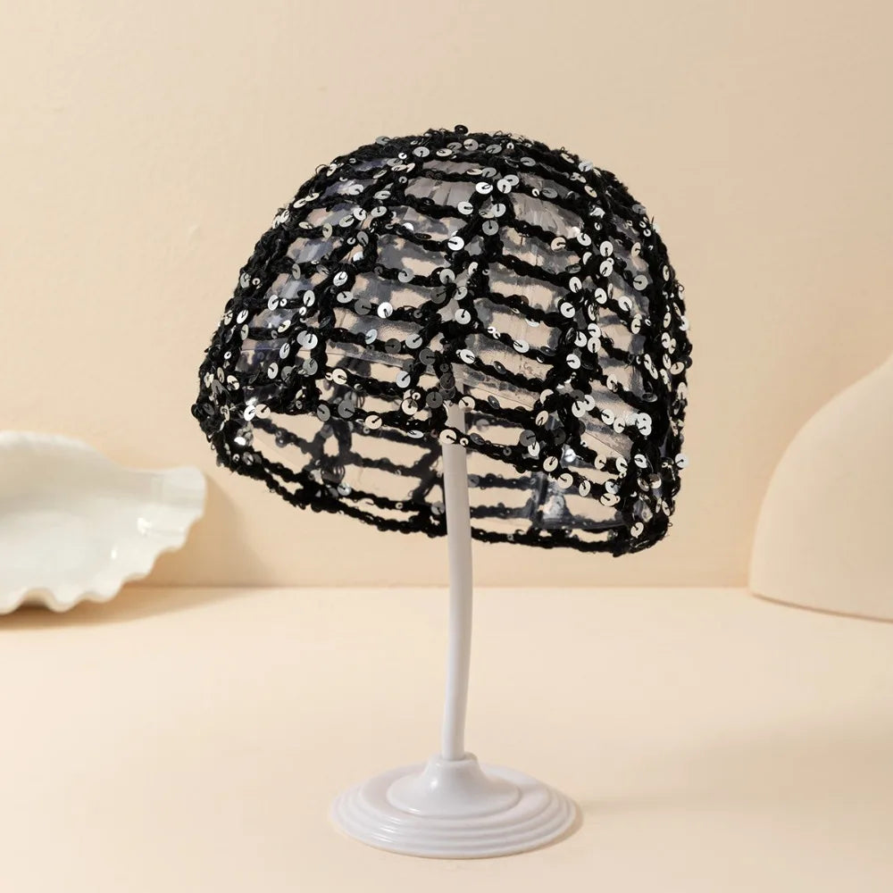 Bohemian Crochet Sequin Knit Beanie Hat | Spring Summer Crochet Knit Beanie Peaceful Pleasures Health and Wellness Black
