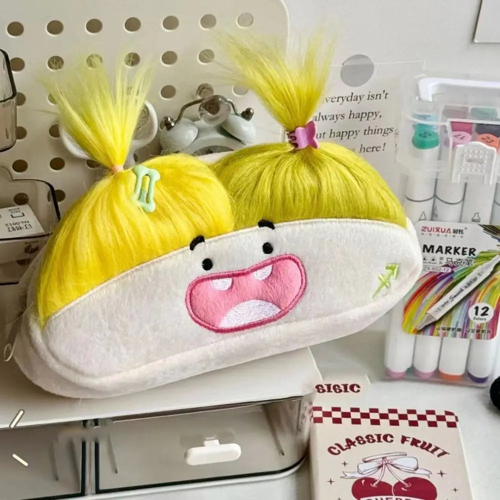 DIY Fluffy Hair Afro-Hair Doll Pen Bag Large Capacity Kawaii Pencil Case Holder Funny Zipper Soft Pen Bag Gift Peaceful Pleasures Health and Wellness style C