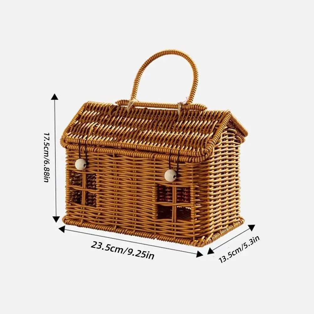 House-Shaped Rattan Basket with Lid & Handle | Wicker Organizer