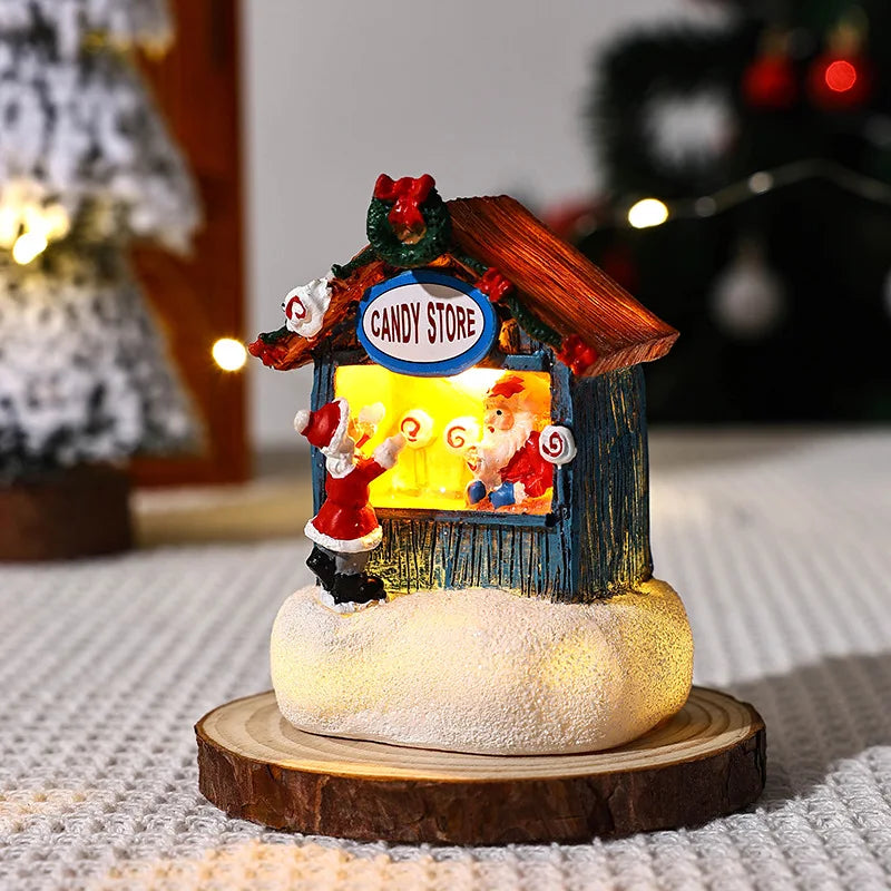 New Christmas Resin Small House Santa Claus Shop Micro Landscape Resin Ornaments Christmas Decorations Desktop Ornament Lights Peaceful Pleasures Health and Wellness candy store