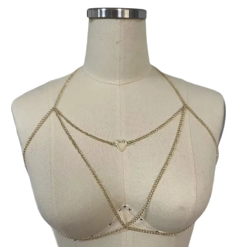Heart-Shaped Pendant Fringed Body Chain & Chest Necklace