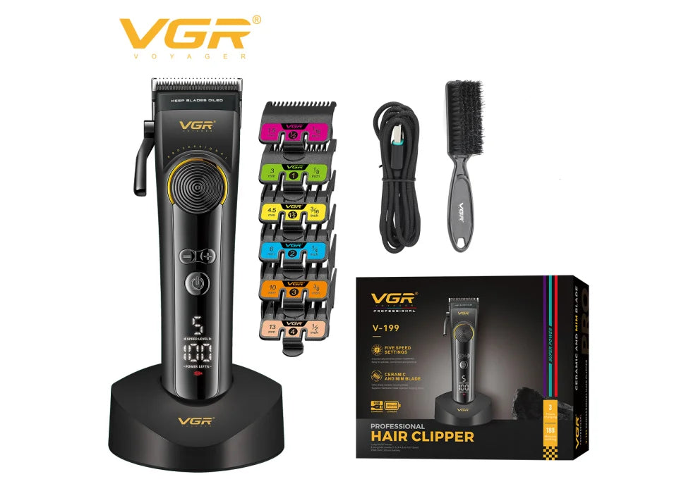 VGR new electric hair clipper men's high-end hair clipper 8000 RPM multi gear adjustable hair trimmer with base push shear V-199 Peaceful Pleasures Health and Wellness USB 2
