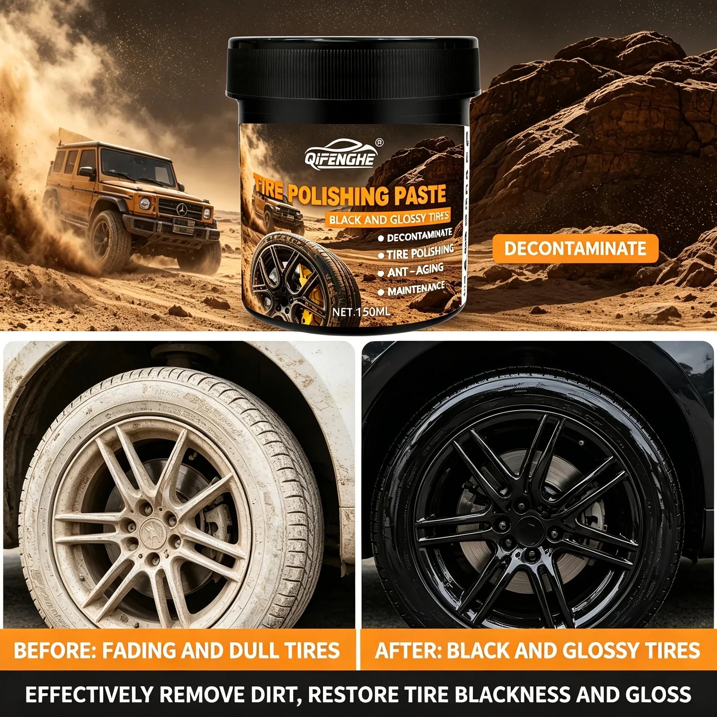 High Gloss Black Tire Shine Polish Paste Kit with Applicator Pad