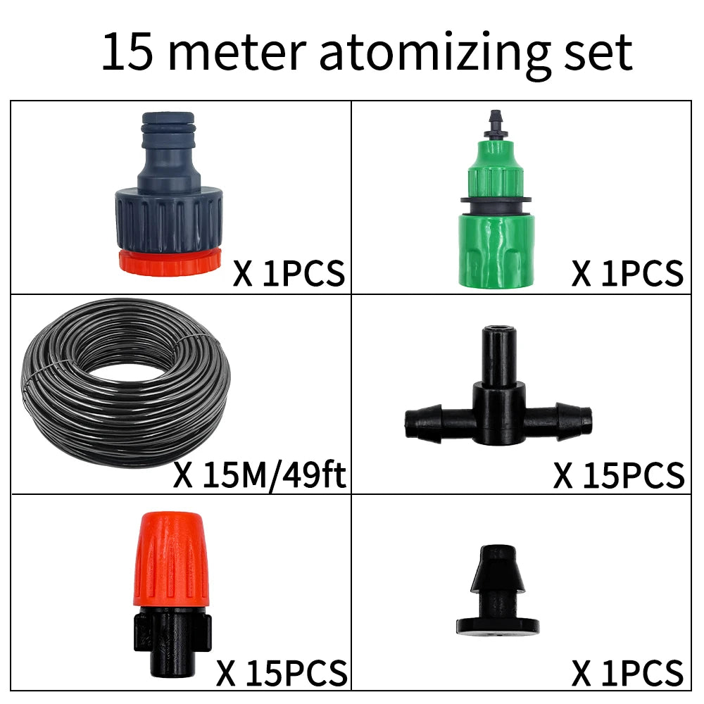 Fog Nozzles Irrigation Kit 5M-20M Garden Automatic Spray Misting Plant Watering System with 4/7 PE Hose and Connector Peaceful Pleasures Health and Wellness 15M