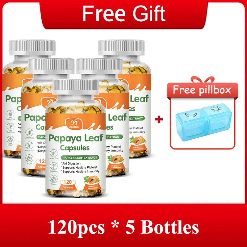 Yimiduk Organic Papaya Leaf Extract Capsules, Support Platelets, Liver Detox & Anti-Inflammatory Benefits, General Well-being Peaceful Pleasures Health and Wellness 120pcs-5 Bottles