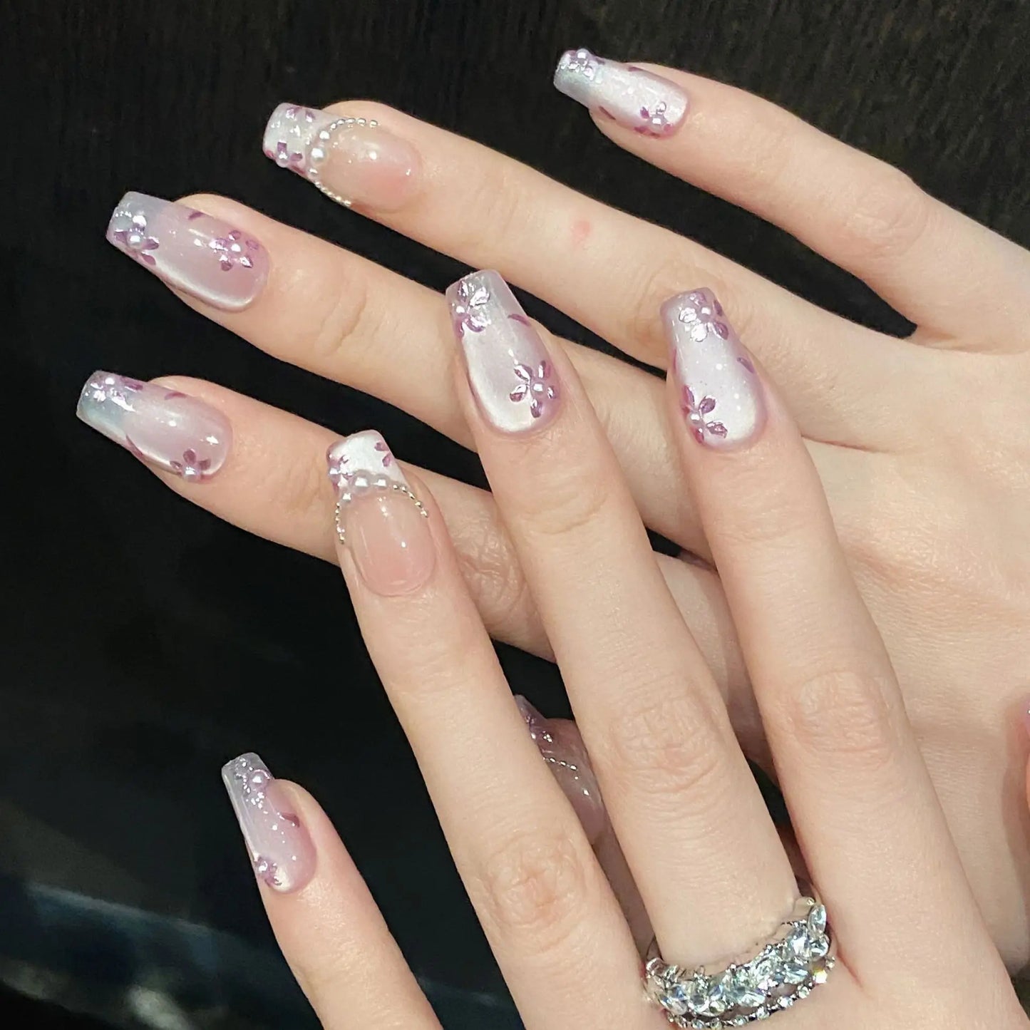 10pcs Handmade Purple Cat Eye Press on Nails Summer Flowers Pearl Design Fake Nails Wearable Detachable Glitter False Nail Tips Peaceful Pleasures Health and Wellness L 1