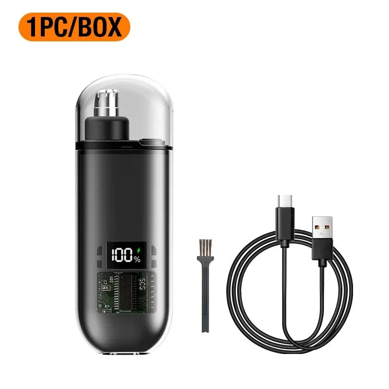 Portable Mini LED Display Nasal Hair Trimmer with Type-C Charging Versatile Compact Personal Grooming Tool Peaceful Pleasures Health and Wellness black