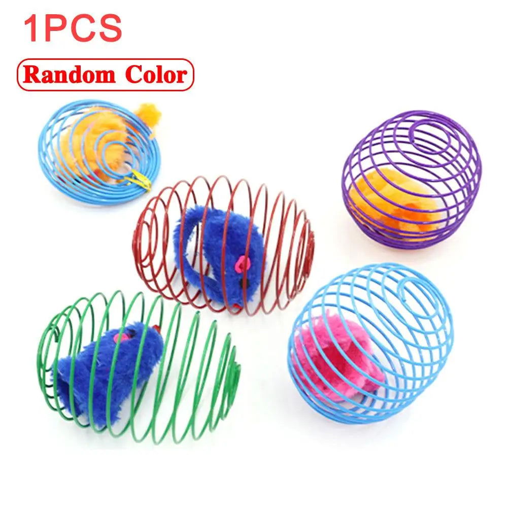 Interactive Caged Spring Cat Toy Ball with Mouse – Random Color
