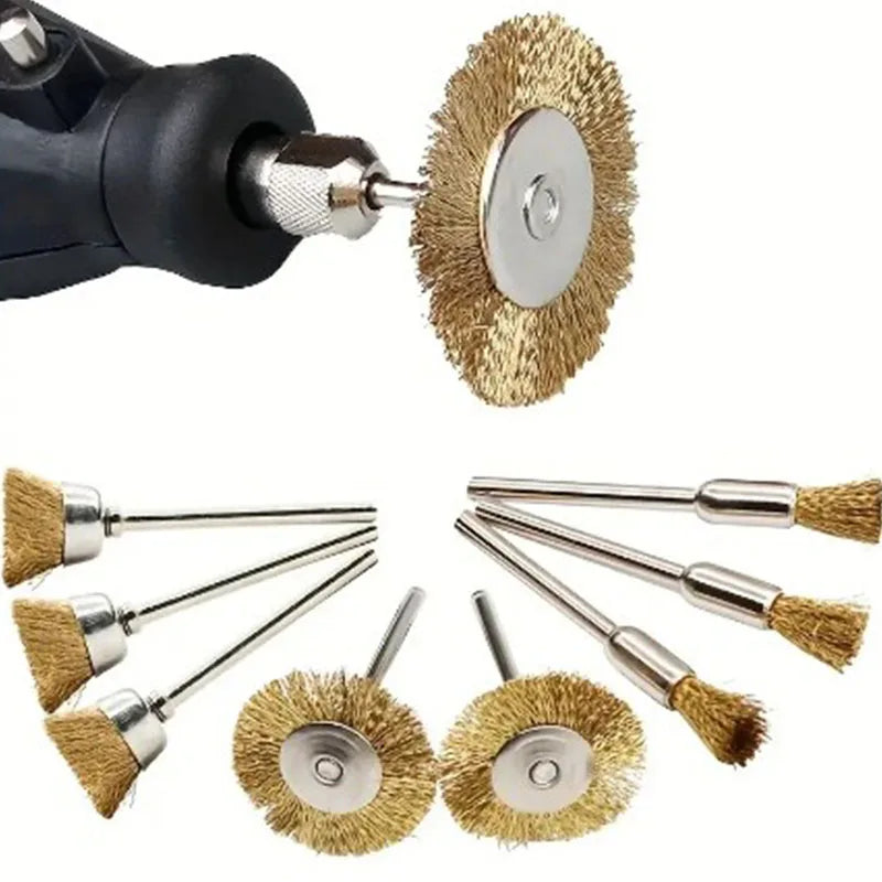 9pcs Steel Wire Brass Brush Rotary Tool Electric Dremel Drill Bit Polishing Grinding Wheel T-shaped Brush Accessories Peaceful Pleasures Health and Wellness