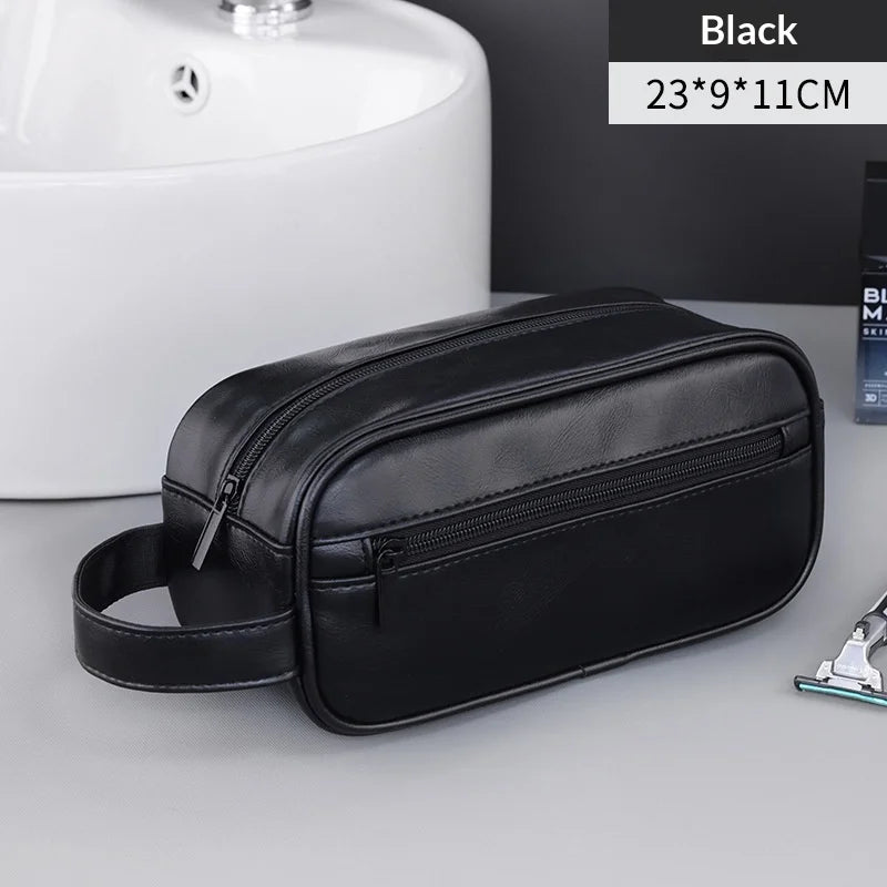 Large Capacity Men Leather Travel Wash Bag Business Trips Portable Cosmetic Bag Multi Pocket Design Handheld Leather Wash Bag Peaceful Pleasures Health and Wellness PU black