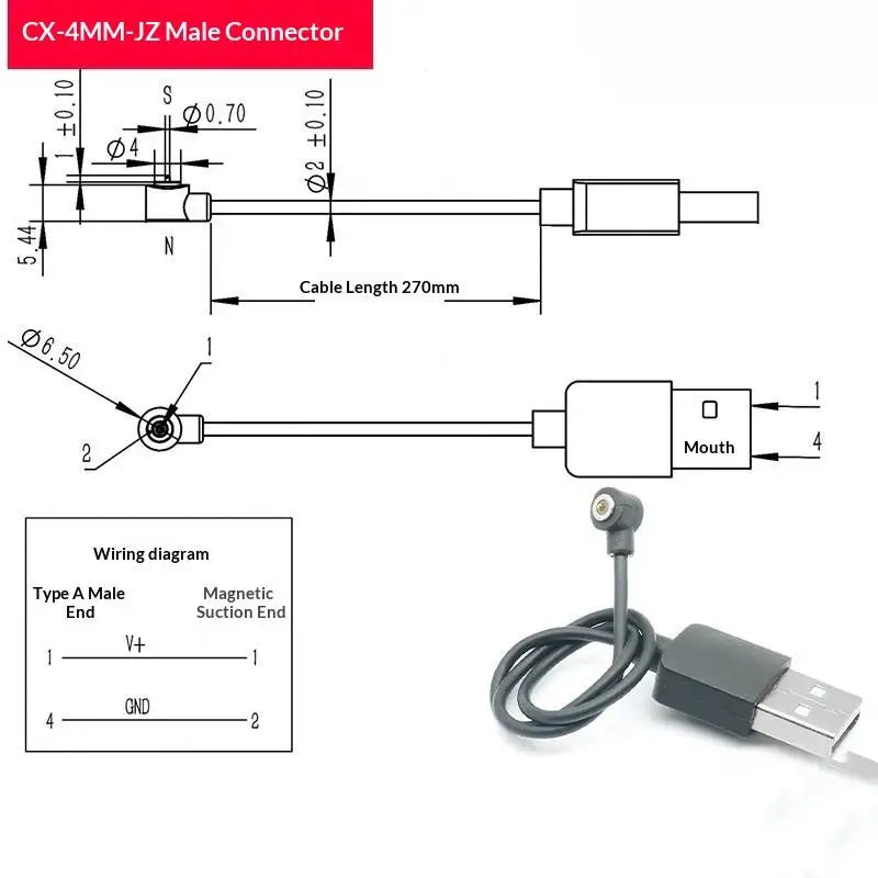 New 4MM Magnetic Pogo Pin Connector Cx-4mm-jz Male Female Wire 27cm Power Charging Socket USB Interface Power Connector Peaceful Pleasures Health and Wellness A3