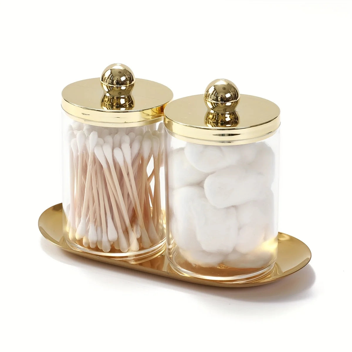 Apothecary Qtip Holder Bathroom Set with Vanity Tray – Acrylic Canister & Dispenser (2 or 3 Piece)