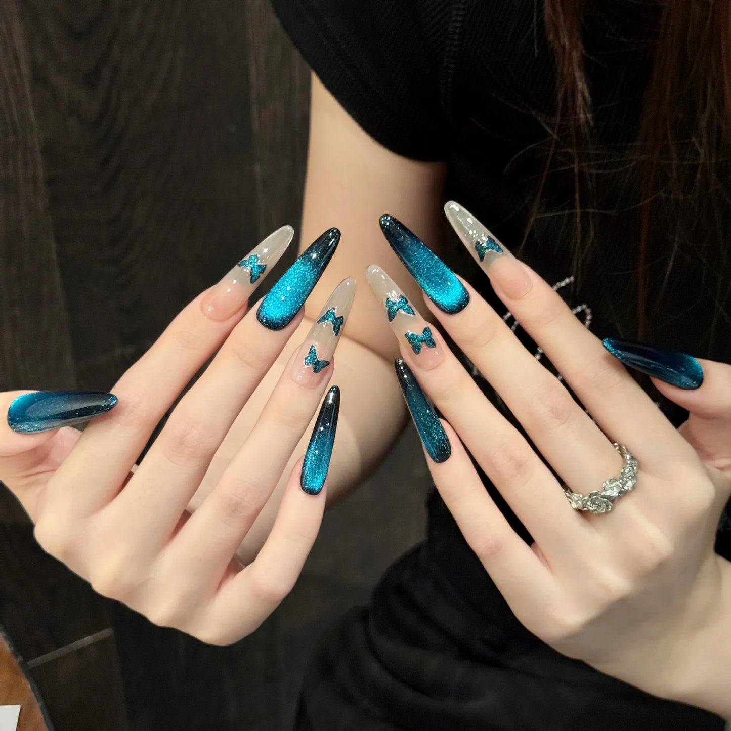 Blue Cat Eye Press On Nails – Butterfly Almond Tips 10pc