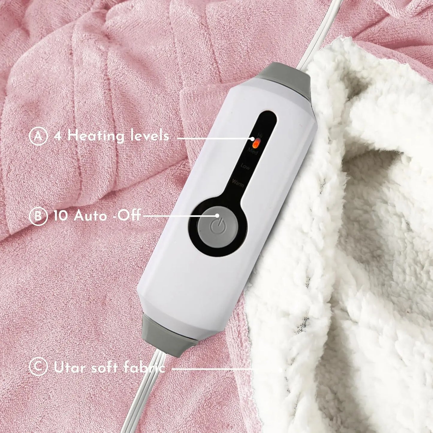 Queen Electric Heated Blanket – 4 Heat Settings, Auto Shutoff, Light Pink Electric Blanket Peaceful Pleasures Health and Wellness