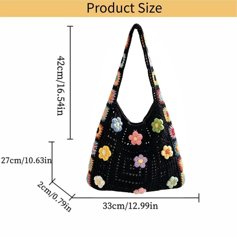 Handmade Crochet Bag For Women Girls, Floral Knit Beach Tote Summer Handbag For Travel Vacation Music Festival Dating Peaceful Pleasures Health and Wellness Black