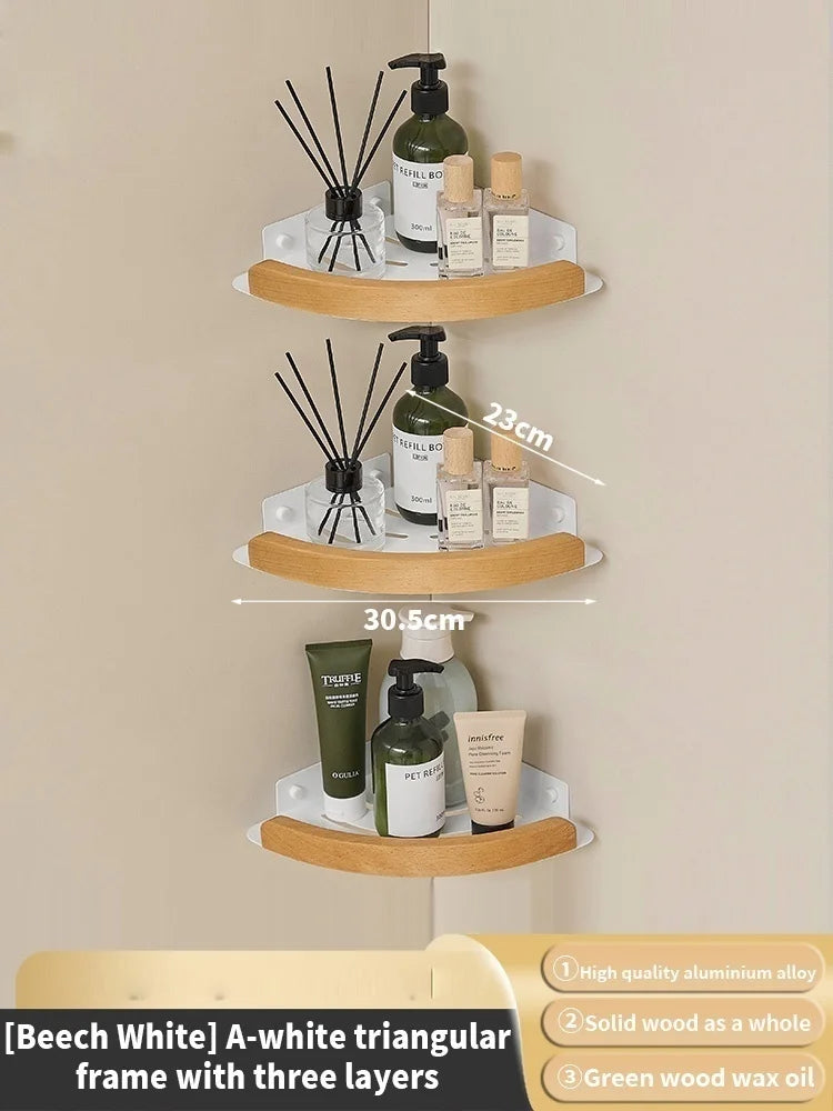 Wood Corner Wall Shelf – Bathroom Organizer Rack | Triangular