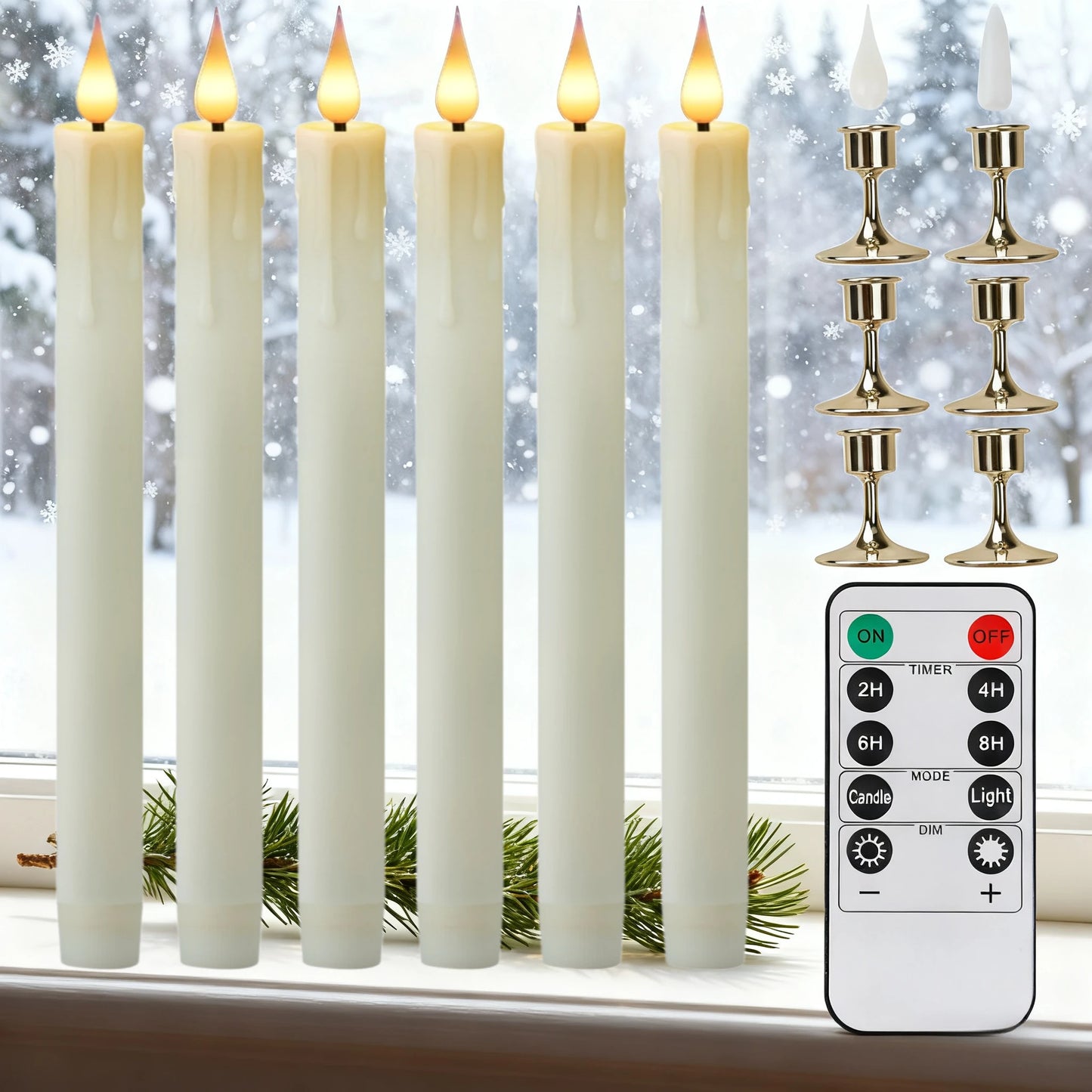 6Pack LED Flameless Taper Candles Lights 3D Wick Battery Christmas Simulation Candles Window Candles Long Electric Candles Lamp Peaceful Pleasures Health and Wellness 245MM 12 Pcs