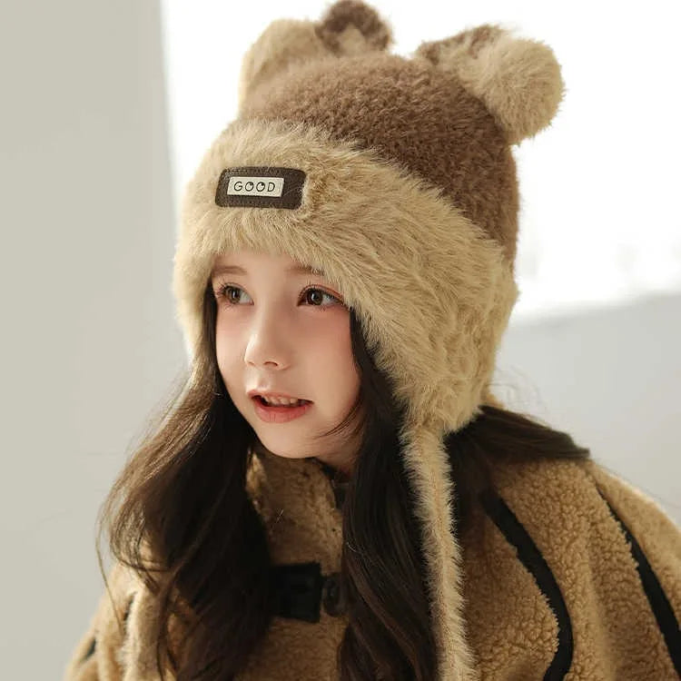 Girls' Bear Fleece-Lined Knit Winter Hat with Ear Protection