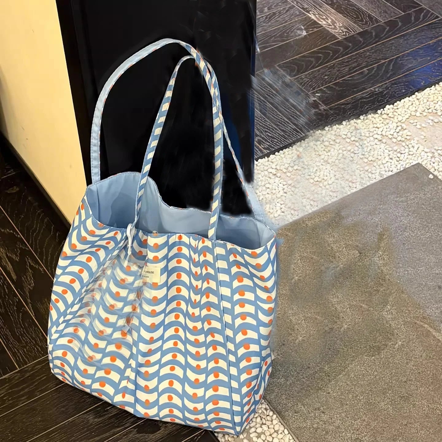 Simple Casual Tote Bag Daily New Large Capacity Double Sided Wave Pattern Canvas Shoulder Bag Commute Lazy Style High Capacity Peaceful Pleasures Health and Wellness Blue